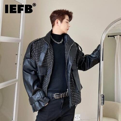 IEFB Light Luxury Mens Stitched PU Leather Jackets High Quality Streetwear Oversized Coat 2021 New Korean Autumn Clothes 9Y9327