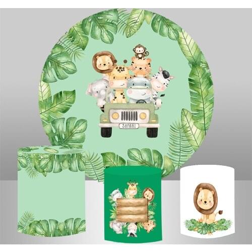 Tropical jungle animals Round circle background baby shower birthday mini cake table party decor fabric 3 cylinder plinth cover