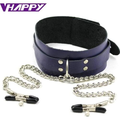 Restraint Genuine Leather Blue Neck Collar Sex Adult Game Nipple Crap Juguetes Sexuales VP-CR003021A