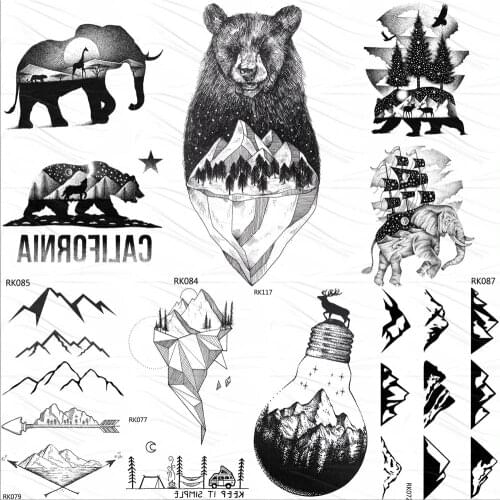 OMMGO Cute Black Mountain Bear Temporary Tattoos Sticker Forest Sailing Ship Custom Tatoo Body Art Arm Fake Tattoo Waterproof