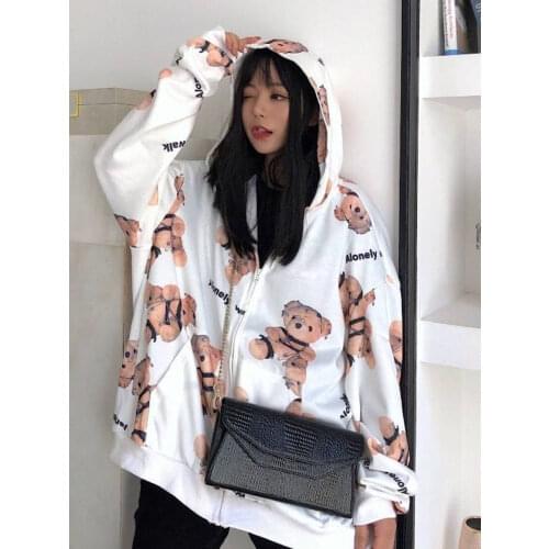 Cute Bear Print Sweatshirts Jacket Zipper Hoodie Coat Women Autumn Winter Casual Girls Loose Hooded Tracksuit Hoodies Female