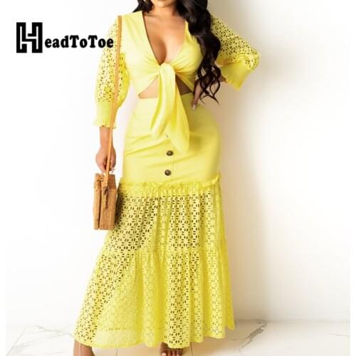 Chic Hallow Out Long Sleeve Crop Tops & Buttoned Bodycon Maxi Skirts Set Women Two Pieces Set