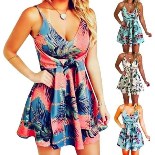 Women Party Bandage V Neck Backless Floral Print Sling Dress Beach Sweet Sexy Summer