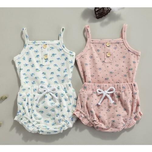 2021 Toddler 2 Pieces Kids Suit Set, Girls Flower Print Off Shoulder Sleeveless Romper+ Ruffled Short Pants, 0-18 Months