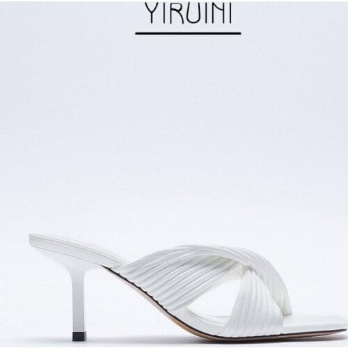 2021 Summer New Sandals Women White Temperament Small Pleated Pull Strap High-Heeled Sandals Fashion Shoes