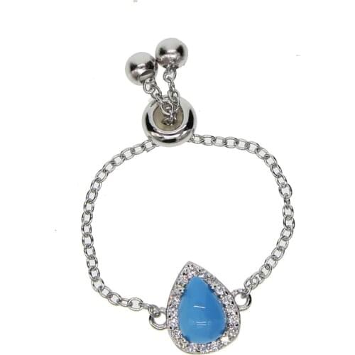 2021 Real 925 Sterling Silver Water Tear Drop Shape Charm Turquoises Stone Delicate Adjust Tassel Thin Chain Unique Women Rings