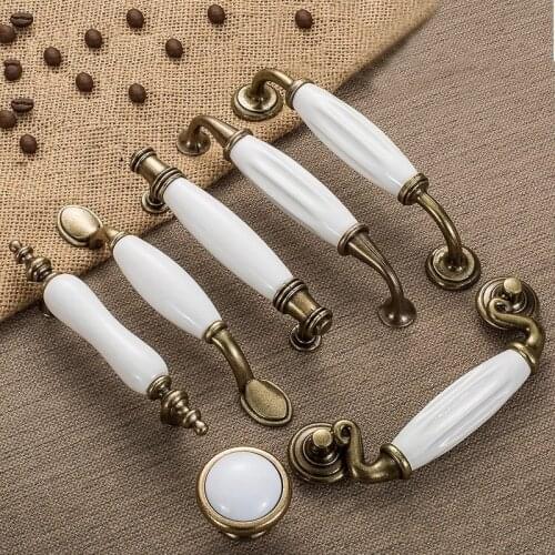 Antique Bronze White Ceramic Cabinet Handles Zinc Alloy Drawer knobs Wardrobe Door Handle Simple European Furniture Hardware