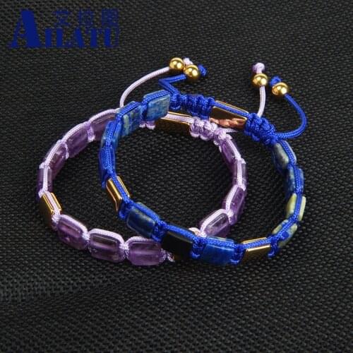 Natural Lapis & Amethyst Stone Square Bracelet Braided Men 's and Women' s Stainless Steel Jewelry Top Quality Gift Choice