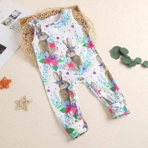 Baby Flower Rabbit Print Bodysuit Summer 2021, Girls Sleeveless Crew Neck Long Jumpsuit Daily Wear
