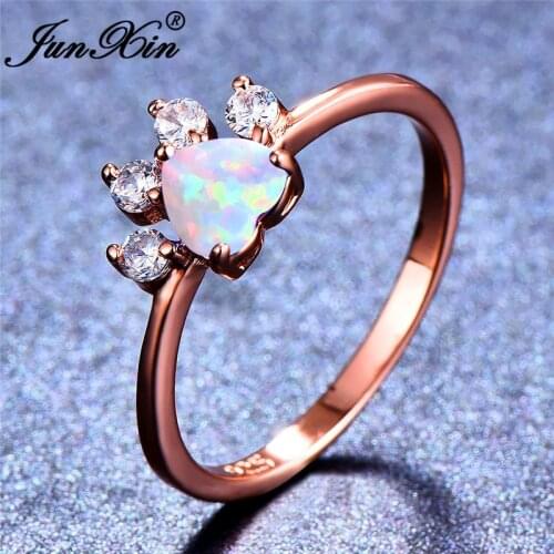 JUNXIN White Fire Opal Stone Animal Footprint Rings For Women Rose Gold/Silver Color CZ Cat Dog Paw Heart Ring Pet Claws Jewelry