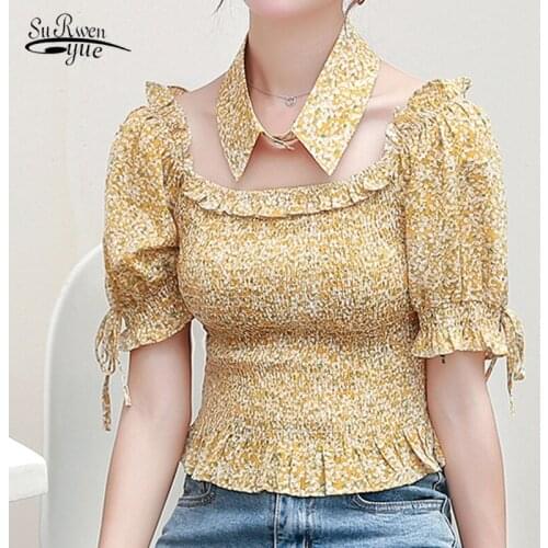 Korean Style Women Shirts Printed Short Sleeve Chiffon Blouses Elegant Hollow Out Office Lady Tops Slim Clothing Blusa 10063