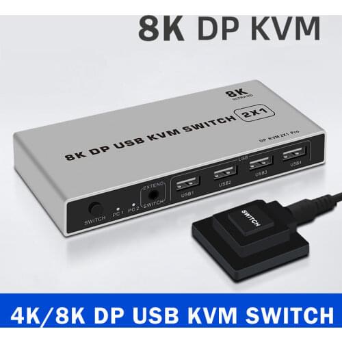 DP KVM Dual-port Displayport KVM Switch 8K@60Hz USB Displayport KVM DP Switcher 4KX2K/60Hz Displayport 2 in 1 out KVM USB