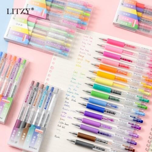 LITZY 6pcs/set Colors Juice Gel Pens Kawaii Rainbow Push Type Water-based Journal Pens Art Marker Stationery School Supplies
