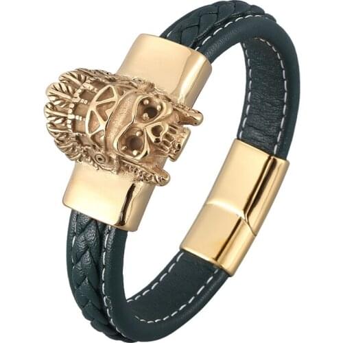 Fashion Green Leather Wrist Bracelet Men Gold Indian Skull Stainless Steel Male Bangle Rock Hop Hip Jewelry Accessories PD0932