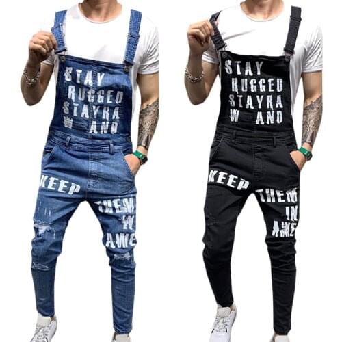 Men Ripped Black Jeans Jumpsuits Fashion Letter Print Distressed Denim Bib Overalls Men Casual Suspender Pants