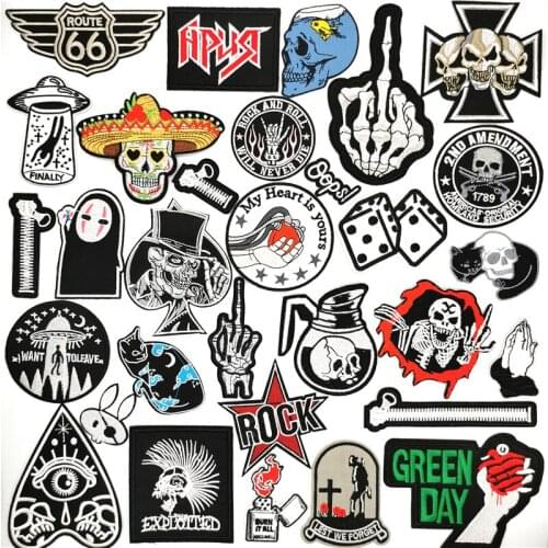 Hippie Zipper Punk Patches For Clothes Skull Heart Iron on Embroidered Patch Applique Rock Black and White Badges Clothing Patch