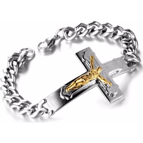 Charm Mens Cross Bracelet Chain Curb Cuban Link Stainless Steel Silver Color /Gold Color Bracelets for Men Jewelry 20.5mm