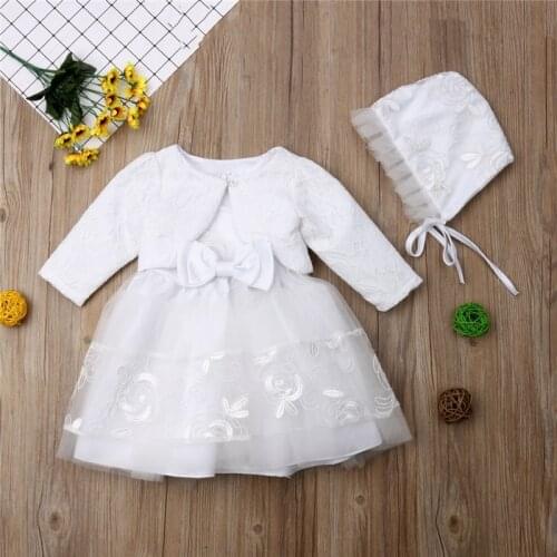 Baby Girls Princess Dress Lvory Lace Party Christening Tulle Dress Bonnet Jacket Coat Hat Set Bow Clothes 0 3 6 9 18 Months