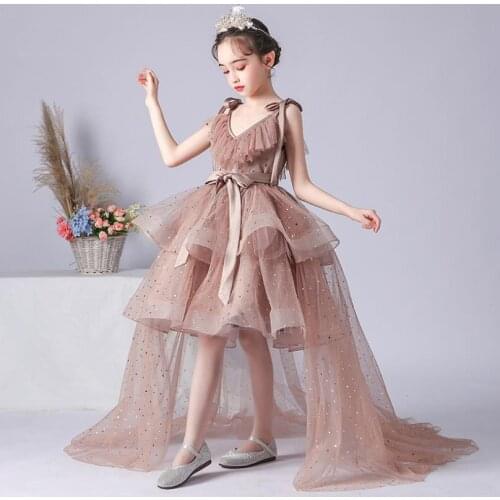 Girls Princess Dress Birthday Party Sequined Mesh Stitching Trailing Evening Gown Kids Pageant Catwalk Dress For Girls L433
