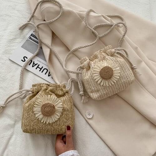 Creative Design Women Beach Straw Bags Classic Texture Chic Sunflower Drawstring Woven Bucket Crossbody Shoulder Messenger Pouch