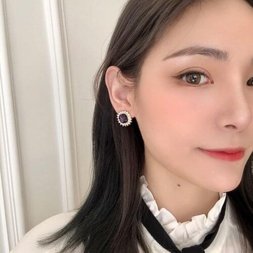 Silver Plated Needles Champagne Purple Blue Square Alloy Zircon Geometry Stud Earrings for Women