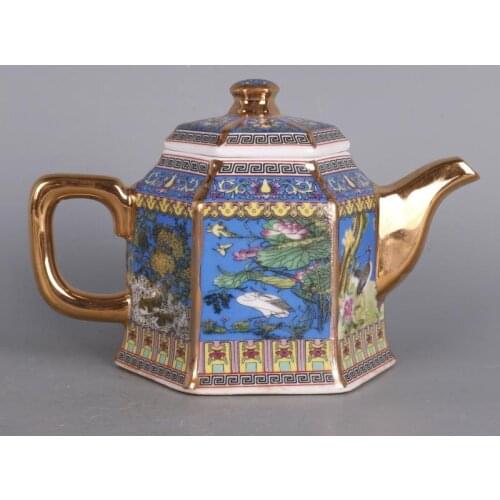Qing Qianlong Painted Gold Enamel Flower And Bird Pattern Teapot Antique Tea Ceremony Tea Art Home Chinese Decoration