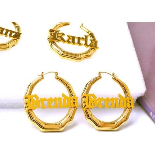 Stainless Steel Custom Name Earrings Customize Letter Bamboo Hoops Earrings for Women Personalized DIY Jewelry Birthday Gift