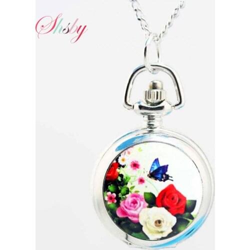 Shsby pocket watches flower fashion silver Chain girl necklace quartz watch women dress watches Childrens cartoon watches