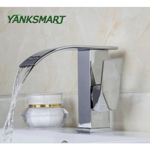 YANKSMART Rotable handle Chrome Waterfall Spout Single Lever & Hole Bathroom Mixer Basin Tap Basin Faucet
