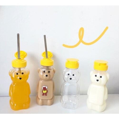 1 Pc Lovely Cartoon Bear Straw Cup Water Bottle with Lid Leakproof Home Travel Couple