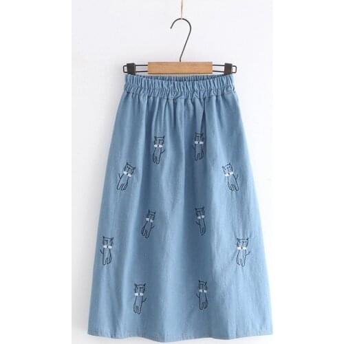 Japanese Preppy Style Girls Cat Embroidery Kawaii Skirts Women Spring Autumn Elastic Waist A-Line Long Denim Skirt gonna jeans