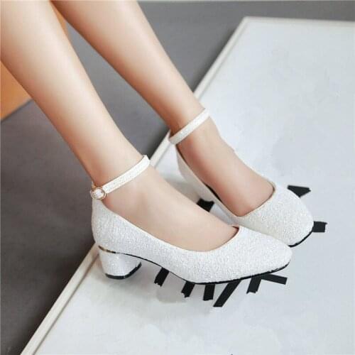 YMECHIC White Pink Gold Silver Square Toe Ankle Strap Mary Jane Party Wedding Bride Fashion Glitter High Heels Shoes Woman Pumps
