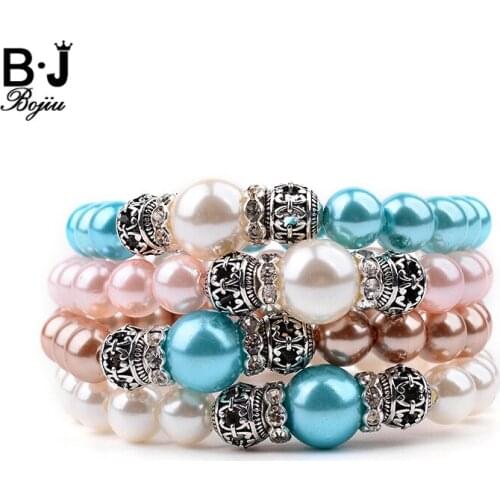 BOJIU 8mm Big Imitation Pearl Cubic Zirconia Charm Bracelets For Women Luxury Brown Pink Blue White Beads Bracelet Jewelry BC235