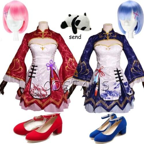 Anime Game Re Zero Rem Rame Cosplay Women Cheongsam Re Zero Rem Cosplay Costume Ram Game Costume Dress Send doll Wigs and shoes