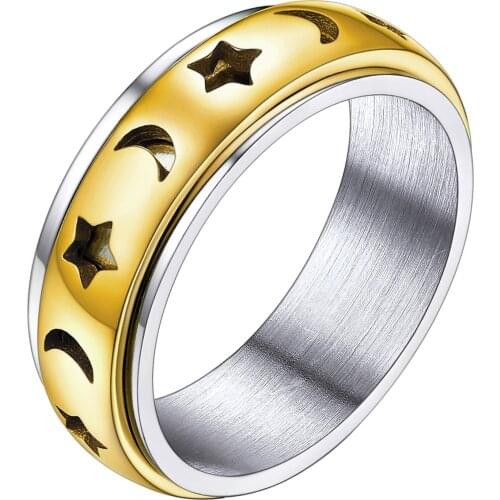 U7 Women Spinner Band Ring 6.5MM Moon Crescent Statement Rings for Men Stress Relieving Jewelry Gold Cool Ring Size 6-12