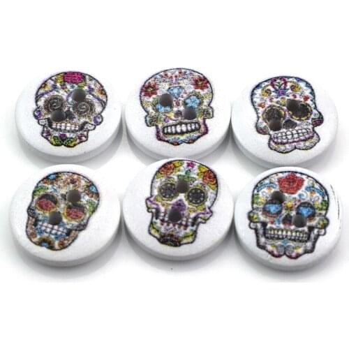 100PCS 15mm Funny Skull 2 Hole Round Wood Buttons Home Clothing Scrapbooking Decor Sewing Wooden Button for Clothing Accessories