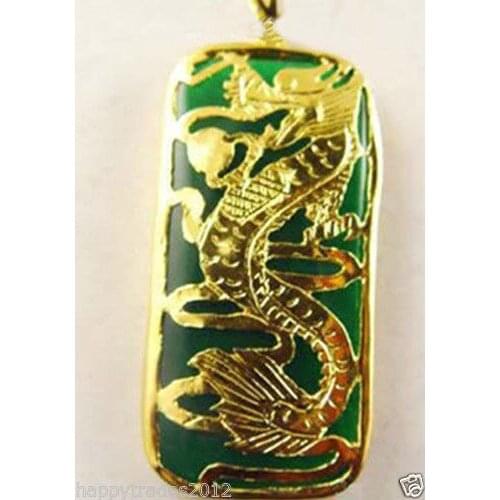 FREE shipping> >>>>Lucky Dragon Totem Relief Baguette Green Natural stone Women Men Pendant Necklace