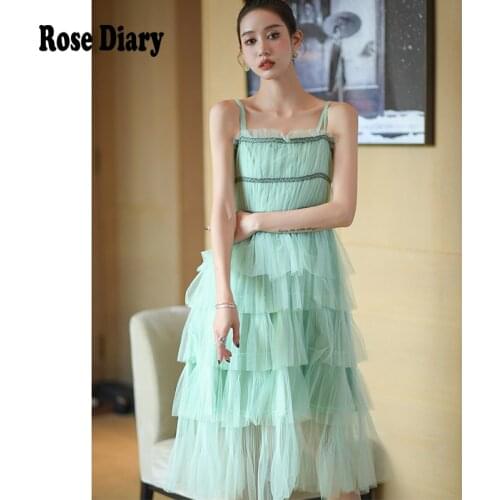 RoseDiary Designer Chic Slash neck Sling Layered Midi Party Dinner Dress Vintage Elegant High Waist fairycone Gauze Dress Elbise
