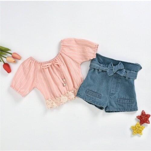 1-5Y Fashion Girls Clothing Summer Set Toddler Kids Baby Girls Short Sleeve Pink Stripe Lace Tops+Denim Shorts Outfits Sets