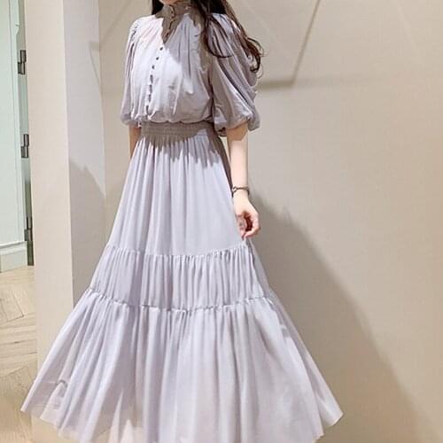 Stand Collar Puff Sleeve Pleated Dress Chic Button Design Women Dresses Japan Style Sweet Office Lady Slim Waist Robe A269