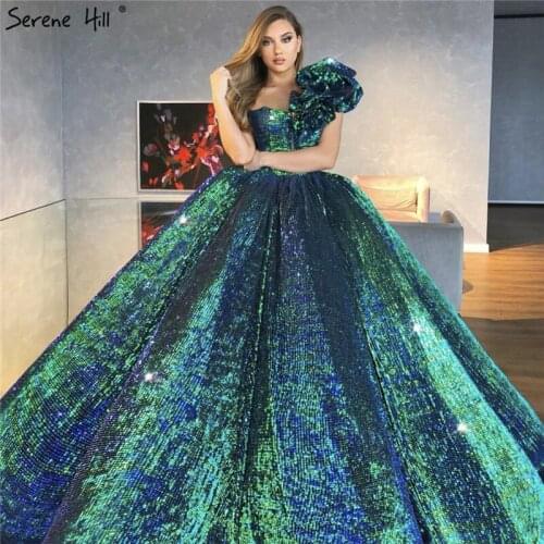 Serene Hill Dubai Green Sequined Bling Luxury Wedding Dress 2020 One Shoulder Sexy Sleeveless Bridal Gown Cusotm Made CHA2312