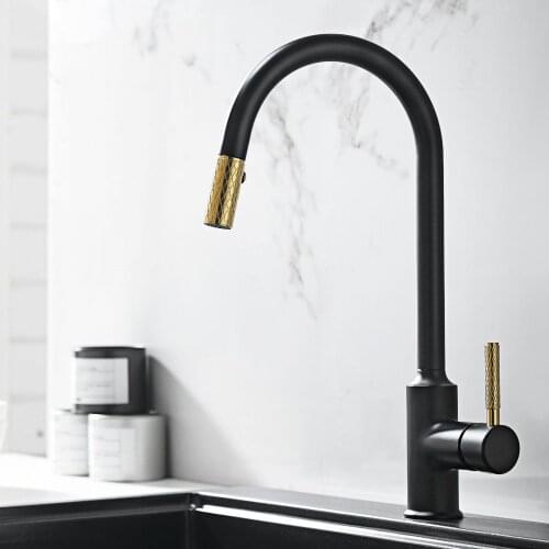 Kitchen Faucets With Pull Down Sprayer Single Lever ALL BRASS Sink Mixer With Retractable Pull-Out Wand Brushed Gold Finish