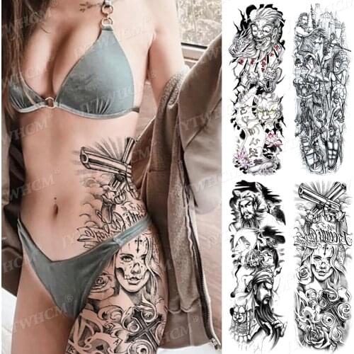 Large Sleeve Tattoo Crown Wolf Joker Gun Rose Skull Waterproof Temporary Tattoo Sticker Body Art Flash Transfer Tattoos for Men