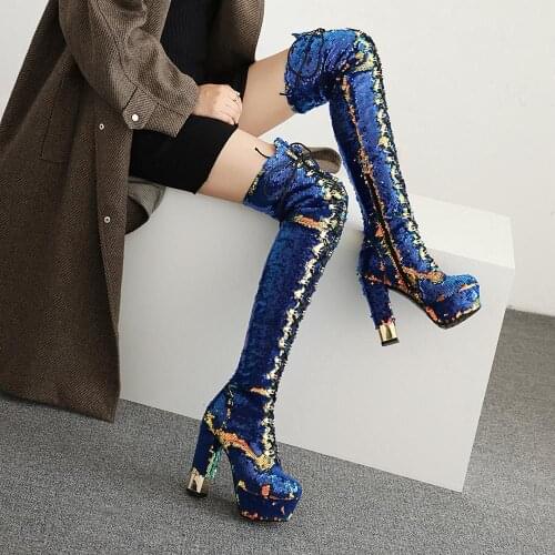 Sequined women over the knee high boots super high Heels Platform ladies Boots party Wedding Shoes Woman size 41 42 43