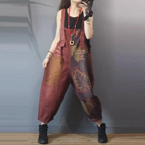 2020 Spring Summer New Arts Style Women Loose Casual Jumpsuits Cotton Denim Patchwork Print Vintage Jumpsuit high quality S875