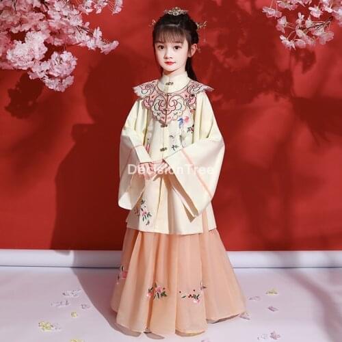 2021 children ancient costume hanfu girls traditional chinese folk dance clothes retro dress girls party dress kid fairy dress