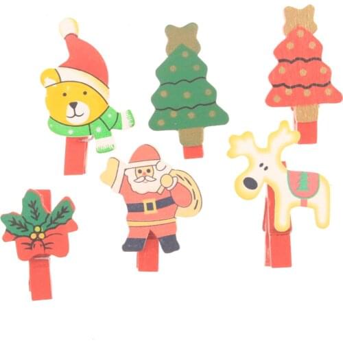 6pcs Christmas Wood Clothespins Mini Colored Wooden Clips Photo Clips Christmas Tree Natural Wooden Peg for Gift Wrapping