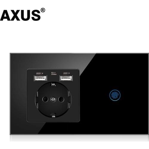 AXUS EU Wall Power Touch Switch with Socket Combination Crystal Glass Panel, Bedroom Socket With USB, AC 110-250V Plug Grounding
