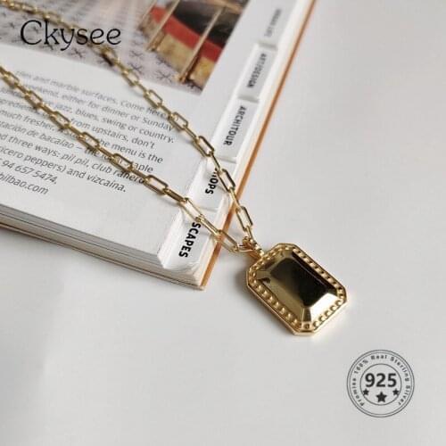 Ckysee 925 Sterling Silver Square Mirror Necklace Gold Glossy Stacking Elegant Texture Pendant Necklace For Women Jewlery