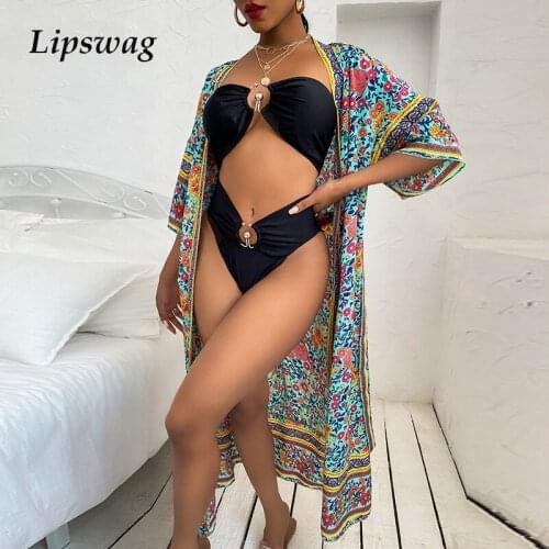 Boho Floral Print Long Cover Up Swimwear 2021 Women Retro Short Sleeve Tie-up Tops Bikini Swimsuit Summer Beach Brazilian Bikini